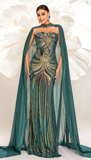 Robe À Paillettes Sirène Vert Émeraude Maxi Glamour Avec Cape Fluide Et Col Montant - Cristina