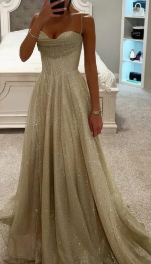 Robe À Paillettes Soirée Scintillante Avec Bretelles Fines Corset Jupe Fluide Longue - Tiziana