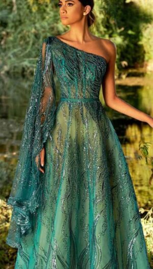 Robe À Paillettes Vert Émeraude Sirène Épaule Asymétrique Dénudée - Alessia