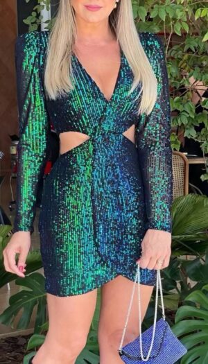 Robe À Paillettes Vert Paon Sirène Coupe Courte Et Manches Longues - Bianca